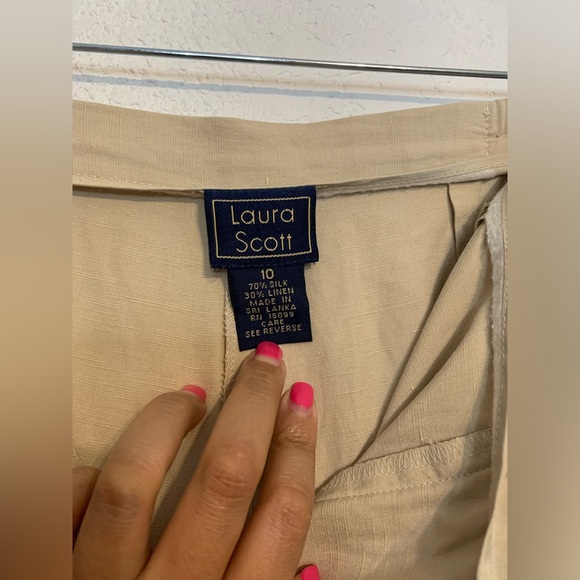 Laura Scott Women Sz 10 Silk Linen Blend Trouser Beige Pants Tapered Leg Preppy - Picture 7 of 9